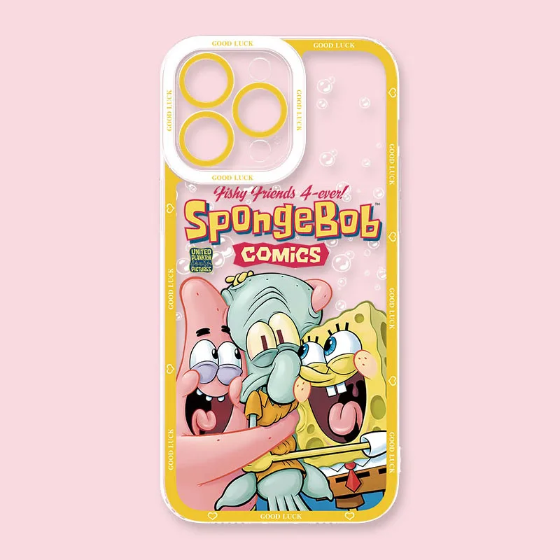 Lovely SpongeBobs Phone Case For iPhone 15 14 Pro Max 13 12 Mini 11 Pro XR XS X 8 7 6 6S Plus SE 2020 Clear Silicone Back Cover