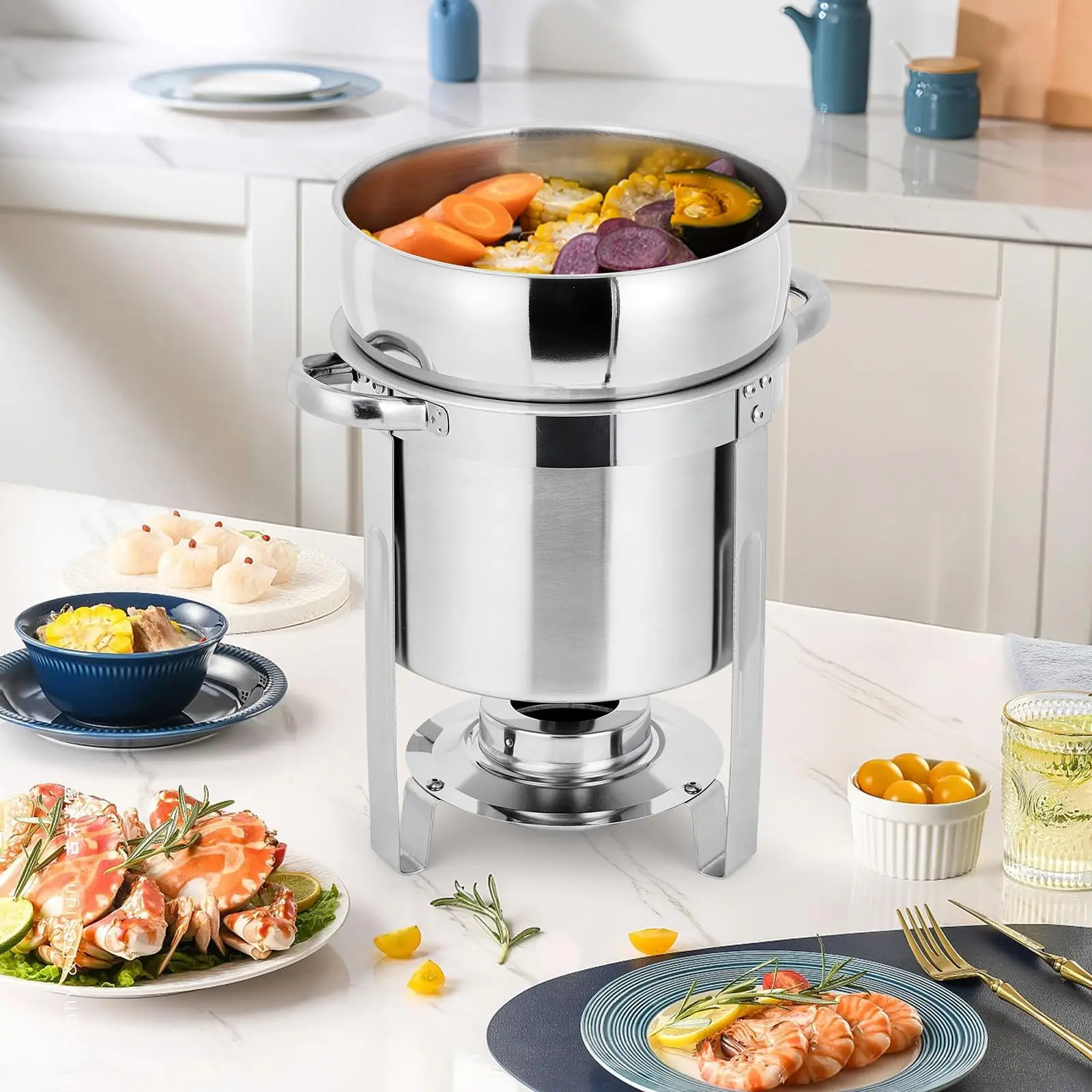 7QT/11QT Stainless Steel Round Chafing Dish Set – Commercial Non-Electric Buffet Food Warmer for Soup, Chili & Catering with Lid and Fuel Stand