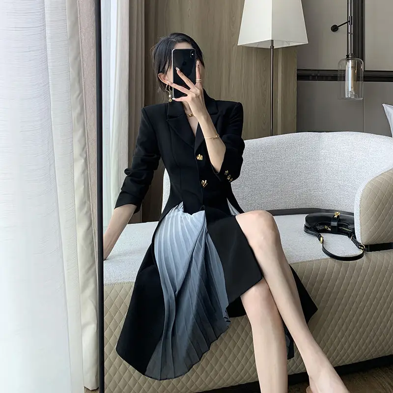 Women Spring Autumn Simplicity Office Lady Solid Color Long Sleeve Midi Dress Ladies Temperament All-match Trend A-line Skirt