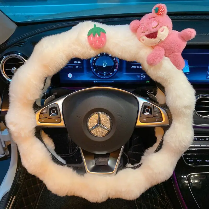 

Car steering wheel cover Strawberry Bear Mickey Minnie Disney animation Kawaii plush suitable for 38CM anti-slip steering cover