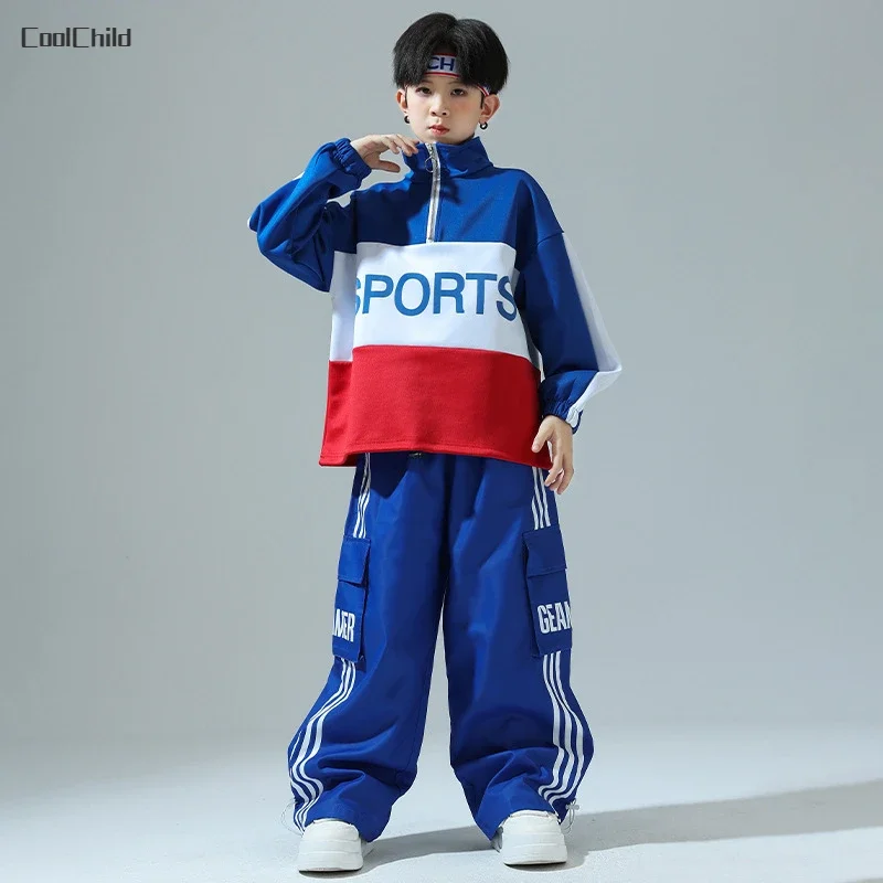 Boys Hip Hop Pullover Street Dance Cargo Pants Girls High Collar Sweatshirt Outfits Kids Jazz Sport Clothes Set Child Streetwear