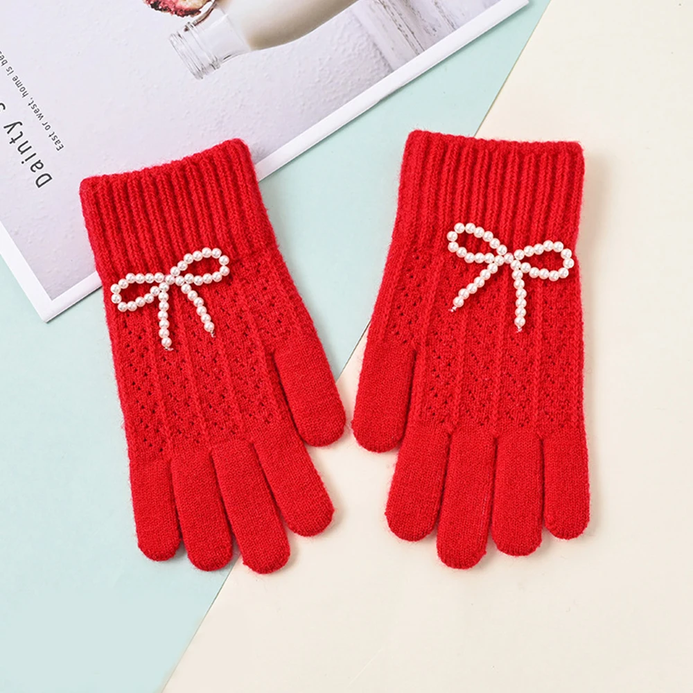 2024 Women Cashmere Knitted Gloves Pearl Bow Knitting Gloves Winter Warm Full Fingered Mittens Cycling Skiing Hand Warmer Gloves