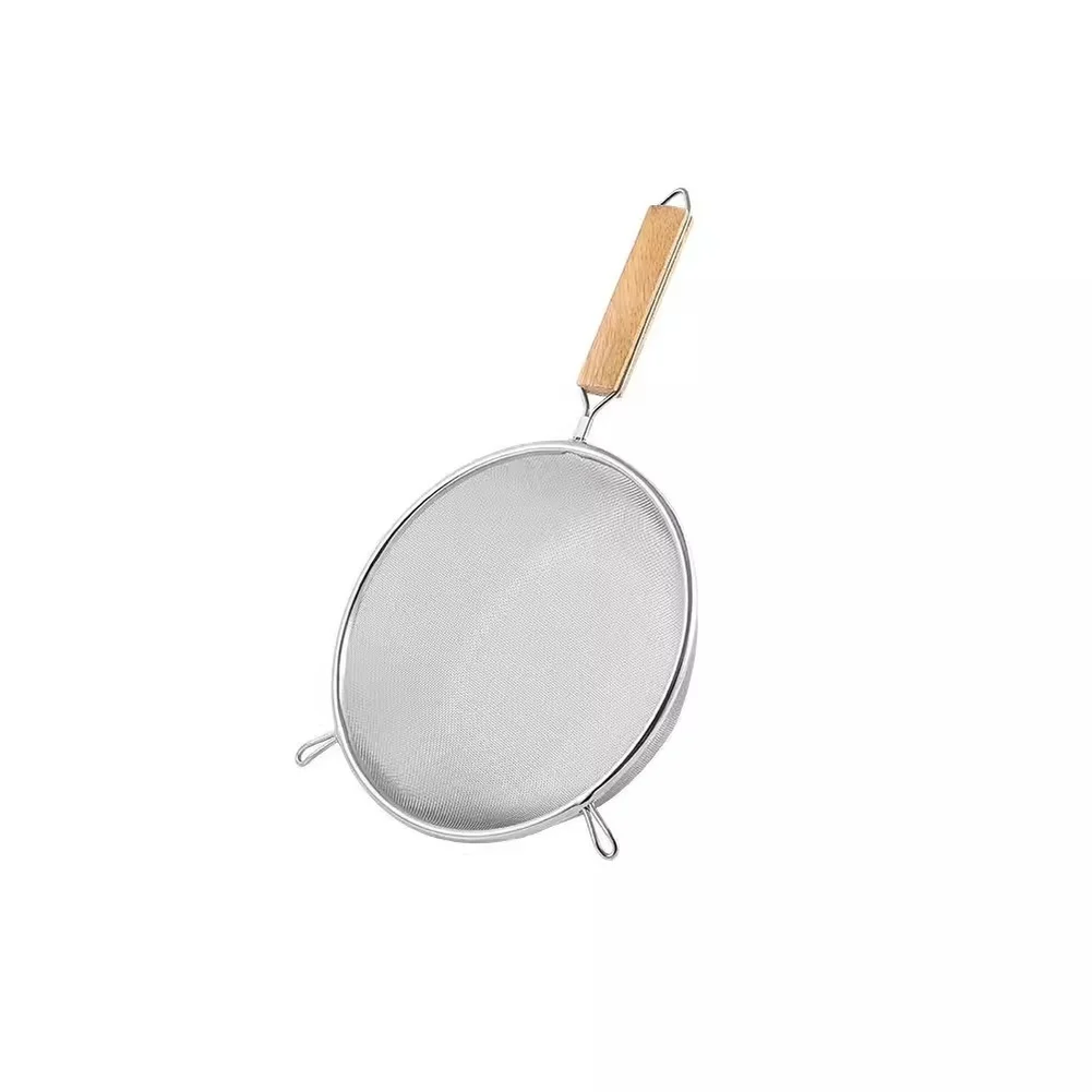 Wooden Handle Stainless Steel Strainer with Dual Ear Hanging Feature for Straining Soy Milk and Scooping Pasta