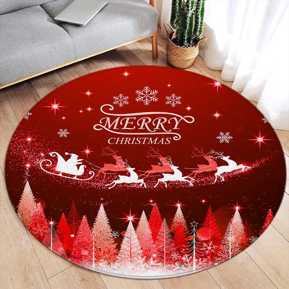 

Red Christmas Round Carpet Cartoon Reindeer Santa Claus Cedar Snowflake New Year Xmas Home Living Room Bedroom Decor Floor Rugs