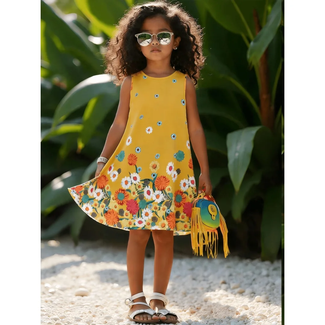 Girls Sleeveless Tank Sundress Vibrant Daisy Floral Print Soft A‑Line Lovely Outfit for Outdoor and Casual Summer Daily Wear