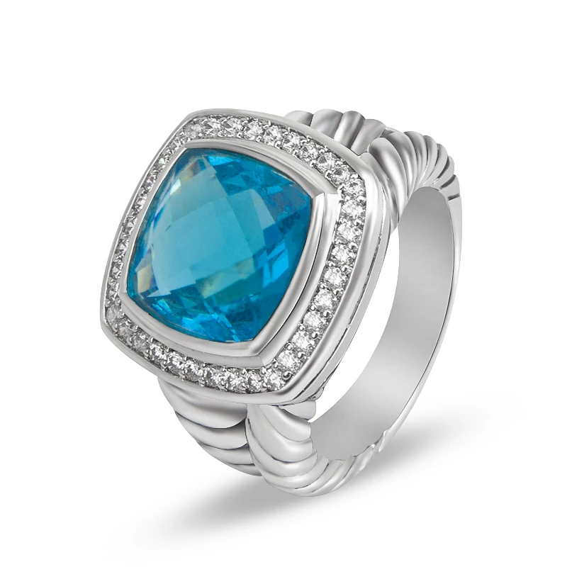 

Amazing cushion cut 11mm blue CZ ring with stylish and unique white gold-plated brass personality ring for women's David jewelry