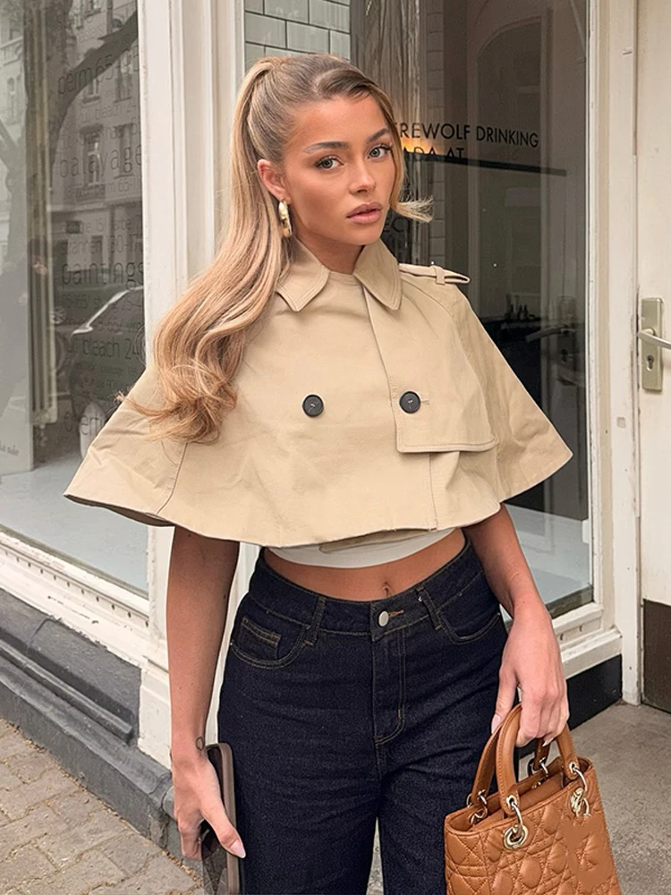 Elegant Women's Khaki Cape Windbreaker Lapel Double Breasted Cropped Coat Female 2026 Spring Autumn Lady Commute Outwears New