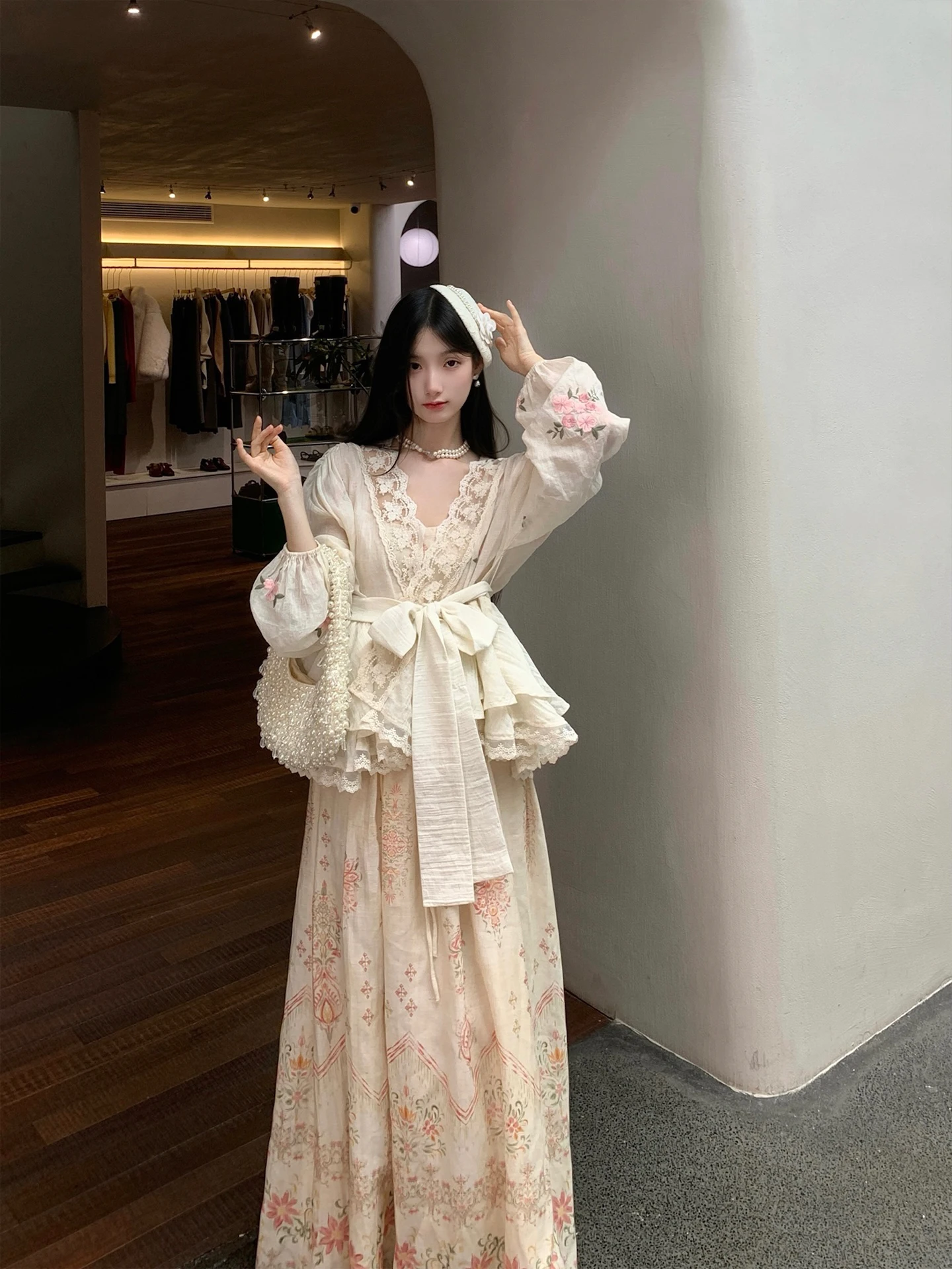 

Walkink Full Flax Embroidered Lace Trim Jaet Top Positioning Print Dr Casual Sle Polyester Fiber A-Line Skirt