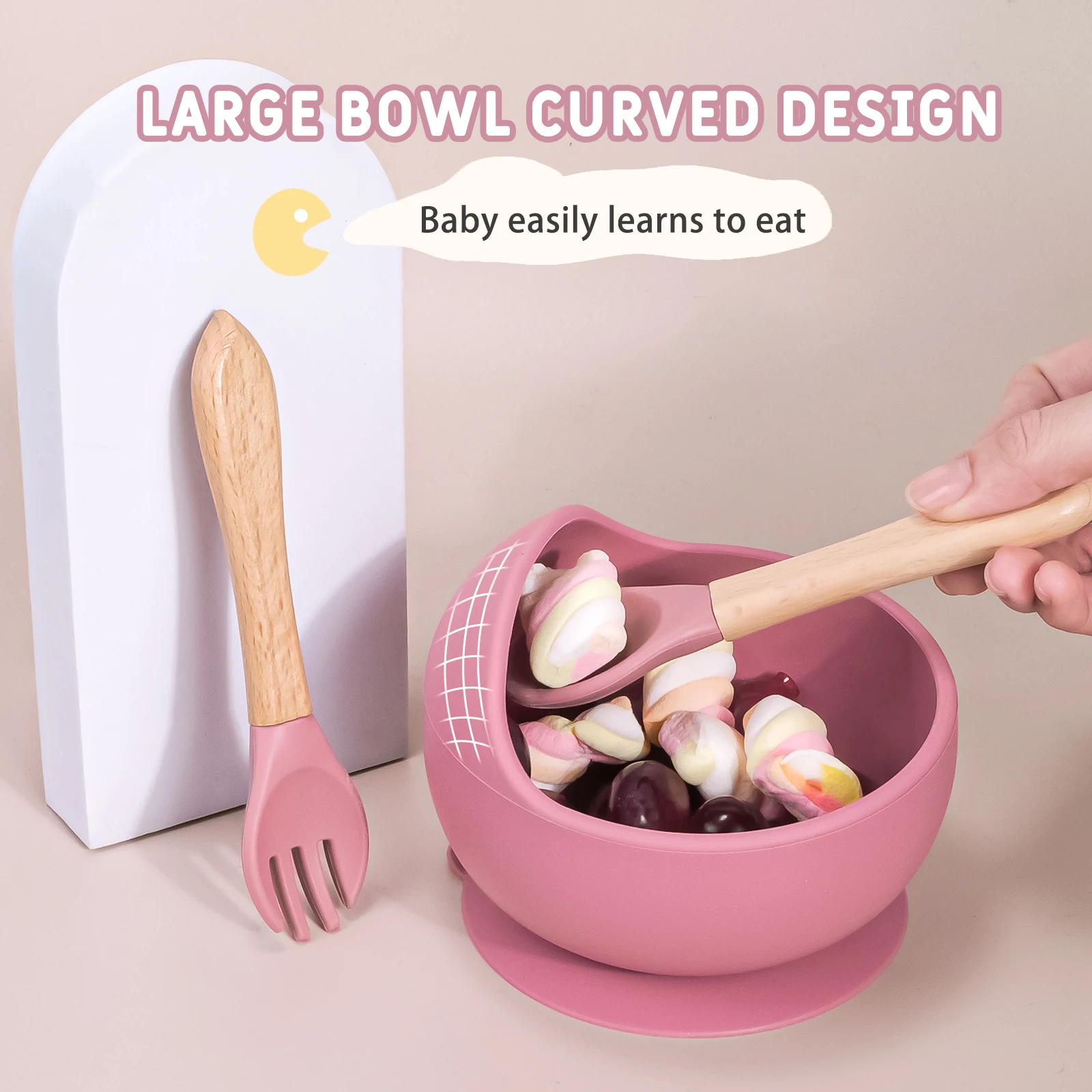 TYRY.HU 3Pcs Silicone Baby Feeding Bowl Set Baby Learning Dishes Suction Bowl Set Wood Spoon Fork Children Tableware Baby Stuff