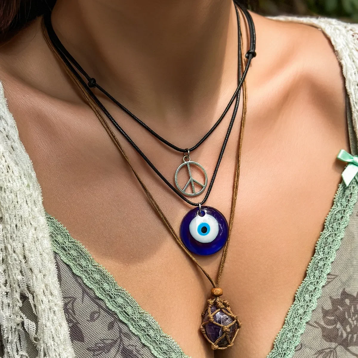 3Pcs Creative Blue Turkish Lucky Eye Pendant Choker Necklace for Women Vintage Ethnic Stone Wax Thread Chain Jewelry Accessories