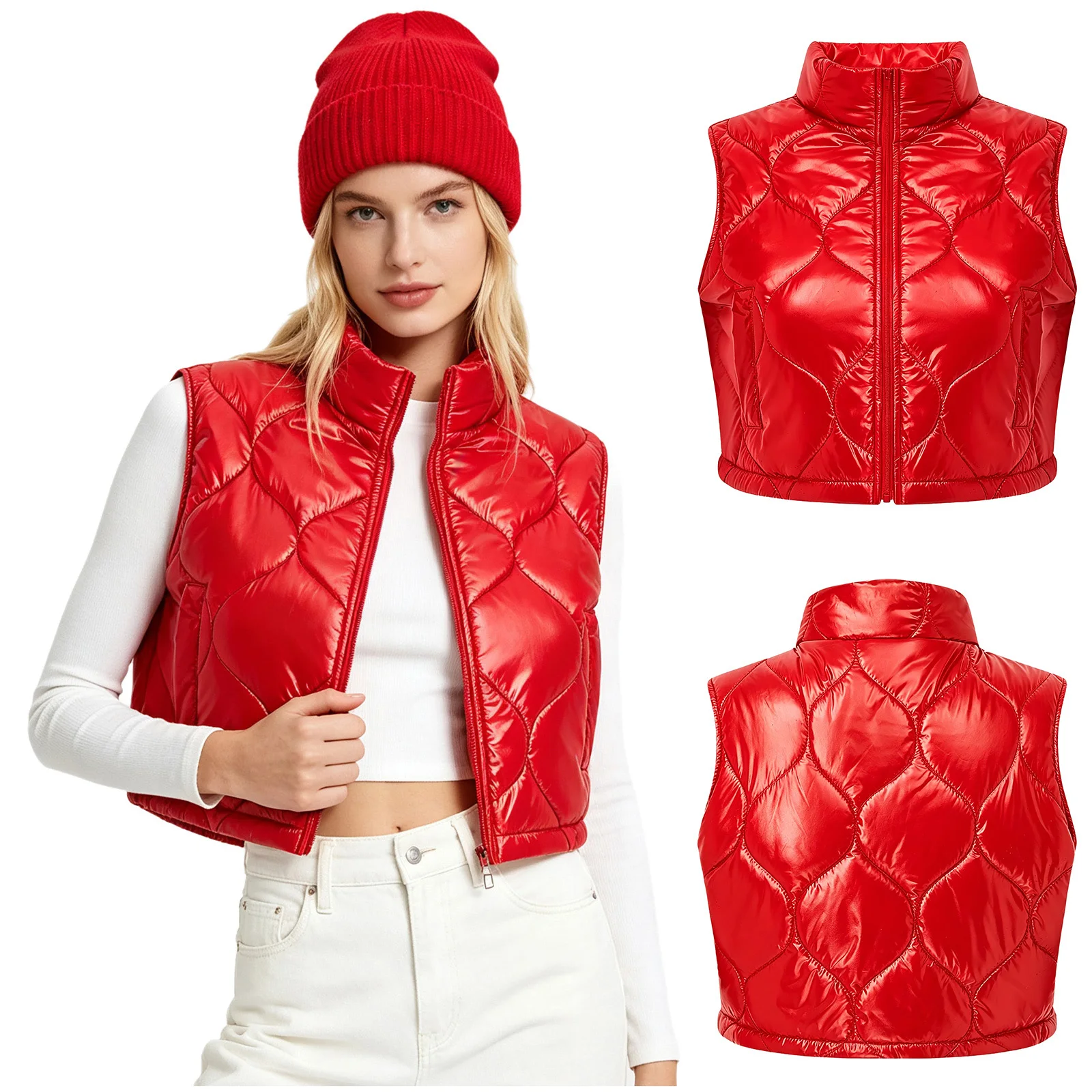 Women Quilted Puffer Crop Vest Winter Warm Padded Jacket Lightweight Stand Collar Zip-up Tank Top Outerwear for Skiing Cycling