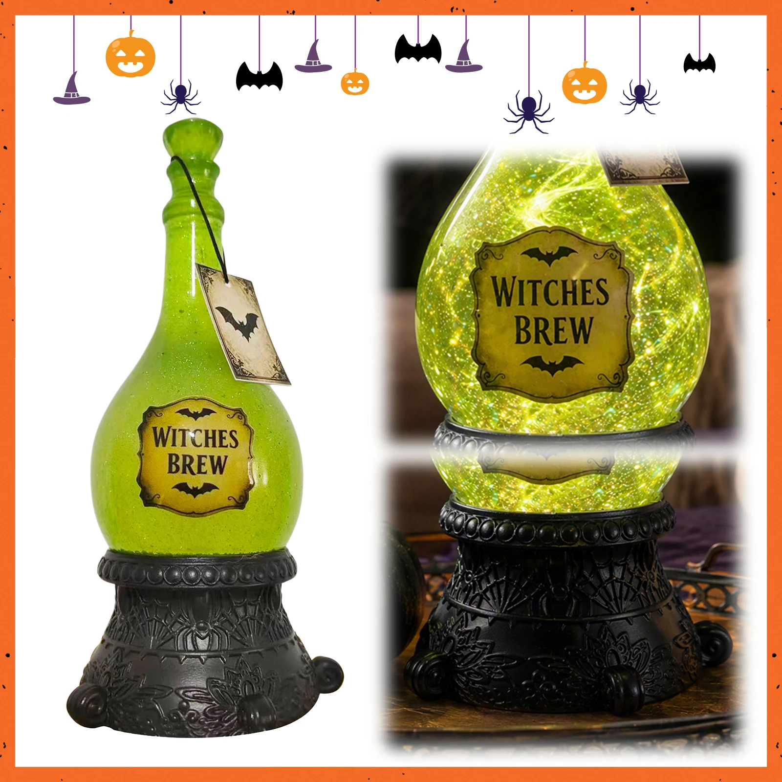 Glowing Witch Brew Potion Bottle Glitter Globe Halloween LED Light Resin Gothic Apothecary Desk Ornament Bat Charm Gift