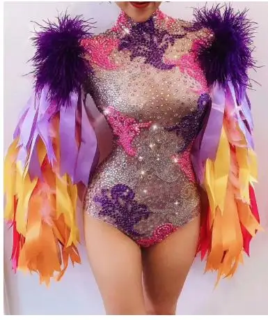 Women Nightclub Bar Party Outfit Fashion Stage Wear Ribbon Strip Feather Sleeve Rhinestone Bodysuit Performance Dance Costume