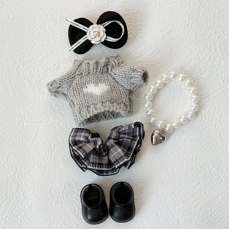 

Labubu 1st 2nd 3rd Gen Elegant Knit Outfit Pearl Necklace Plaid Skirt & Bow Headpiece For 15/17cm Dolls