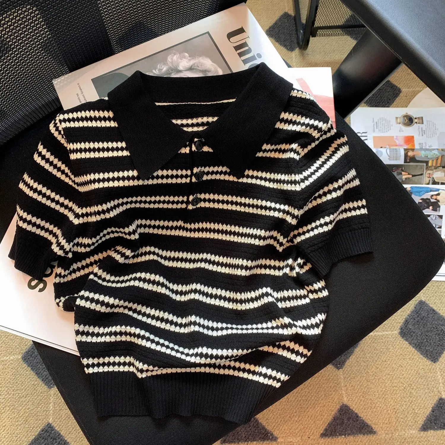 

Women's Summer New Stylish Slim Fit Top Korean Polo Collar Striped Contrasting Short Sleeved Knitted Sweater