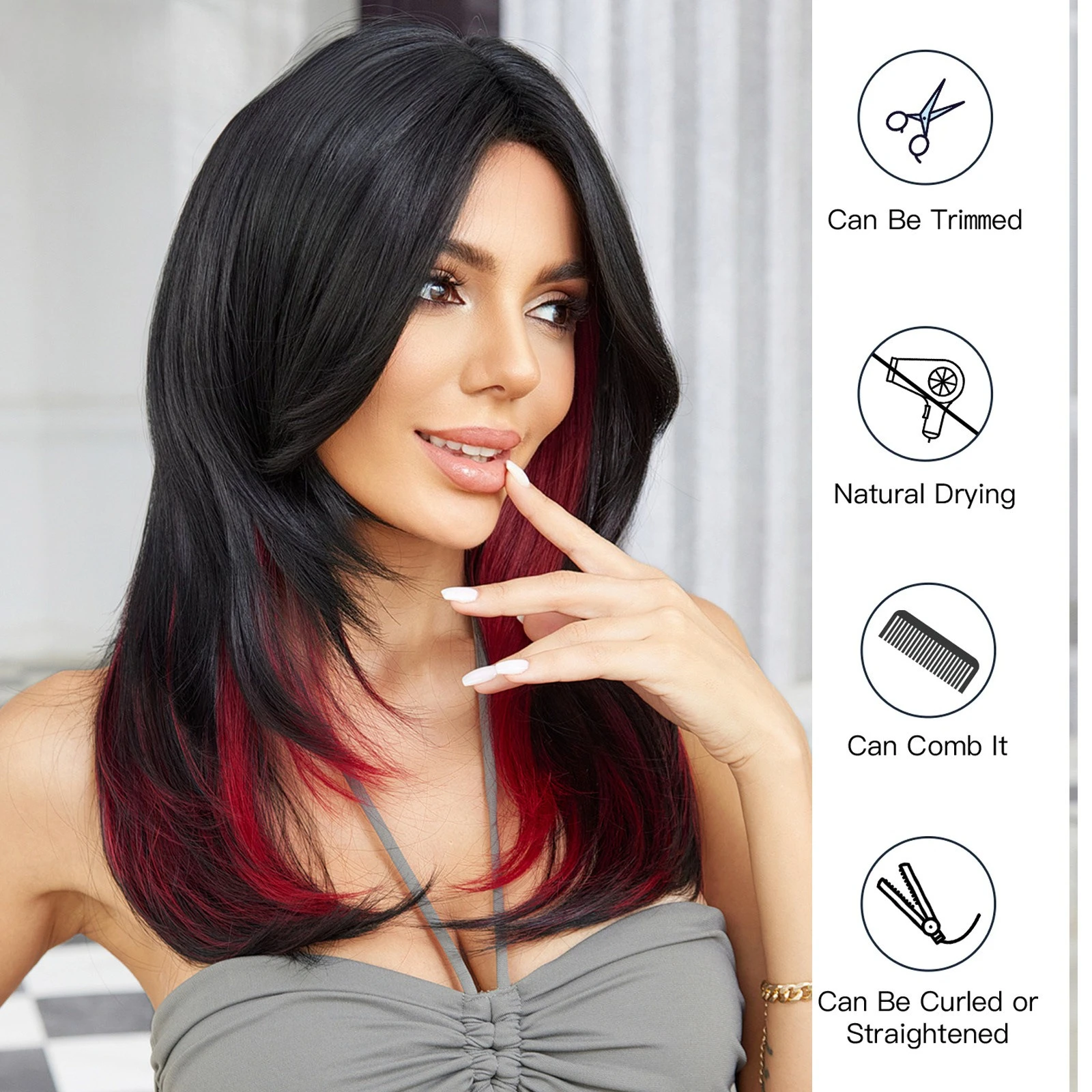 

European and American eight-character bangs gradual change Spice girl Asian hanging ears dyed black and red medium and long hair