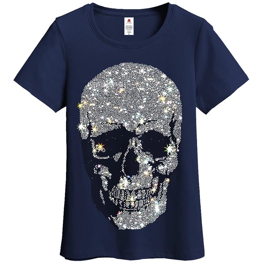 Beautiful Skulls T-shirt Women 2024 Summer Short Sleeve Tops Lady Fashion Streetwear Slim Cotton Tshirts Rhinestone Size S-5XL