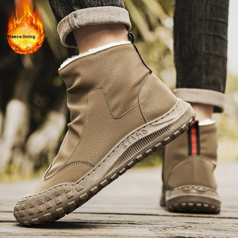 

Winter Driving oes Anti-Slip Slip-On Fce Lined Work Boots Men's Casual Thi Leather Warm Canvas Labor Protection ...