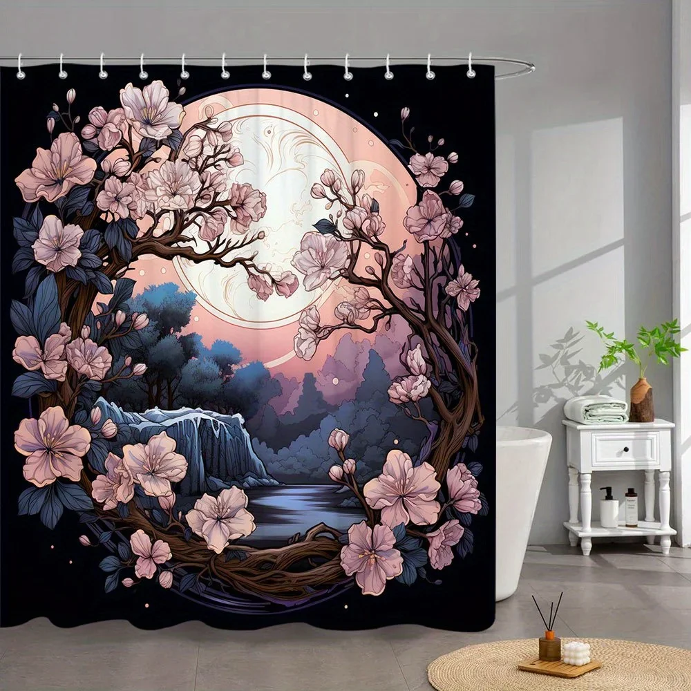 

1 шт. Занавеска для душа Moonlit Cherry Blossoms — розовый и белый цветочный дизайн с водопадом, озером и полной луной, 70x70 дюймов, машина
