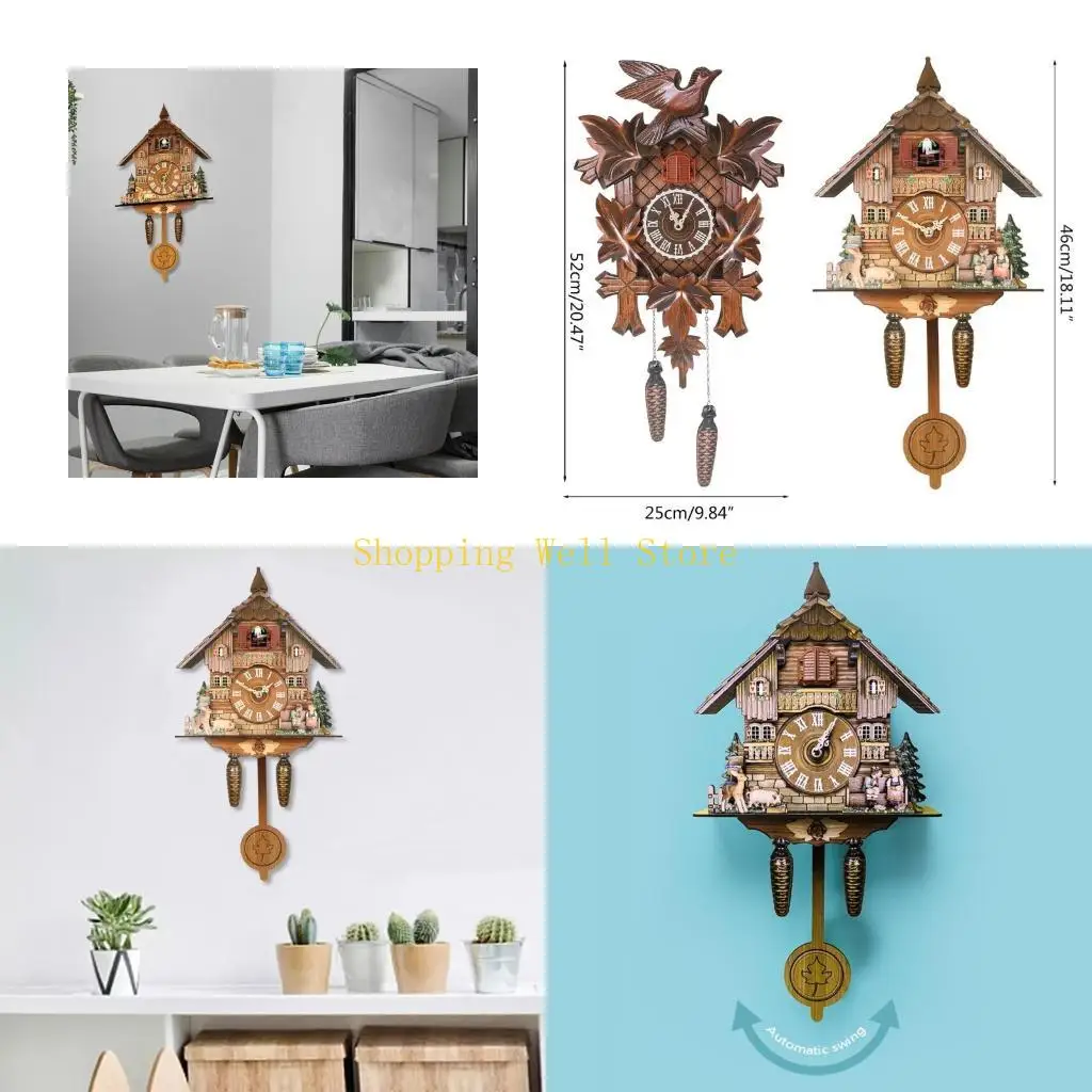 KX4B Wooden Wall Clock Cuckoo Antique Pendulum Hanging Handcraft Swing Alarm Watch