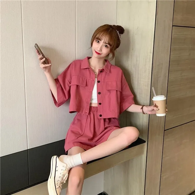 2024 여름 신상 여성 학생룩 와이드 레그 반바지 투피스 세트 트렌디 나일론 소재