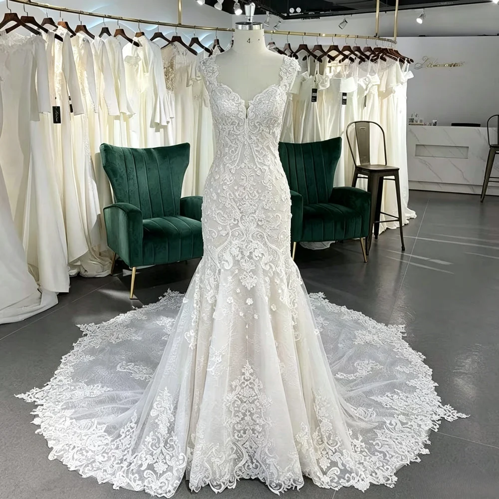 Customized Sweetheart Spaghetti Strap Lace Mermaid Wedding Dress with Extra Wide Scalloped Cathedral Train Bridal Reception