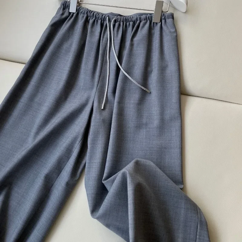 2025 Spring Wool Wide-leg Drawstrings Grey Pants Women