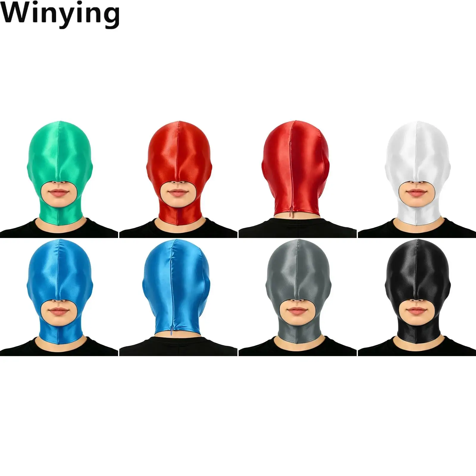 Open Mouth Full-head Balaclava Mask Full-neck Cover Back Zipper Blindfold Hood Glossy Headgear for Halloween Nightclub
