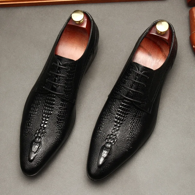 Fashion Mens Dress Shoes Fashion Crocodile Pattern Luxury Genuine Leather 2026 Autumn New Retro Lace Up Wedding Social Shoes Man