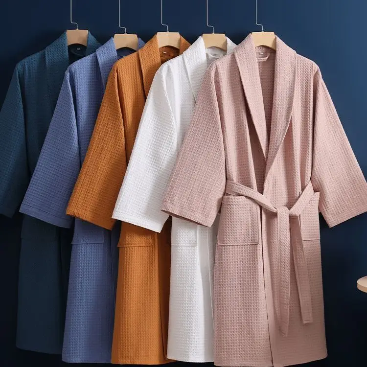 Unisex Adults Waffle Weave Bathrobe Soft Absorbent Quick Dry Kimono Robe With Belt Pockets For Home Spa Hotel Shower Travel