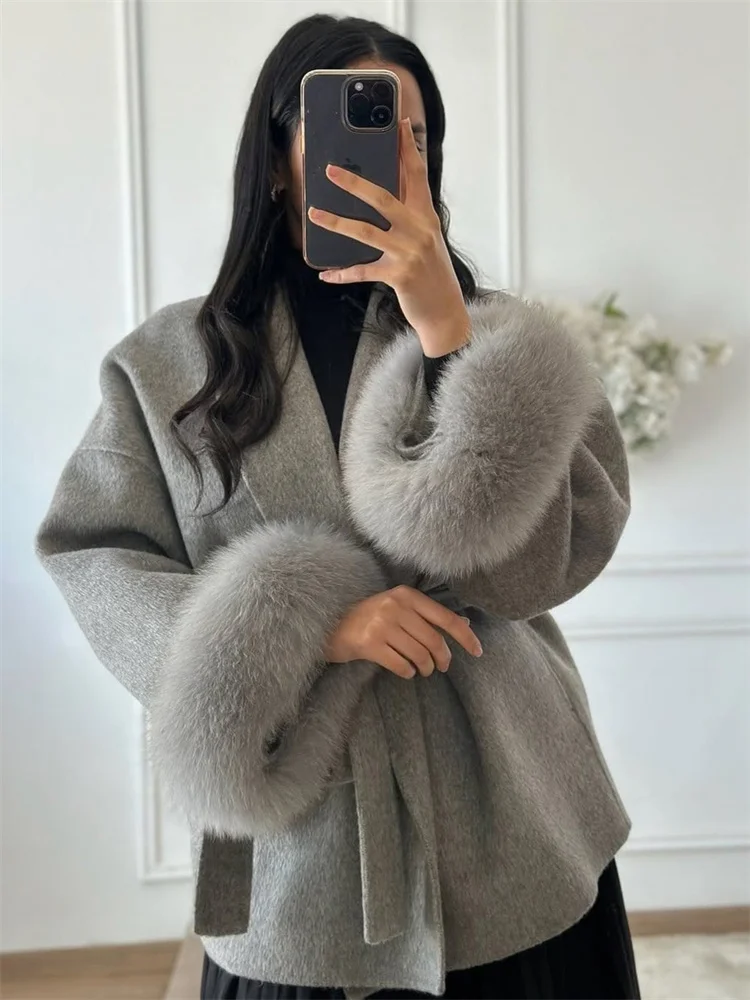 Tossy Fox Fur Wool Overcoat Women's Short Coat Office Lady Elegant Double-sided Woolen Coat 2025 New Cardigan Jackets Loose