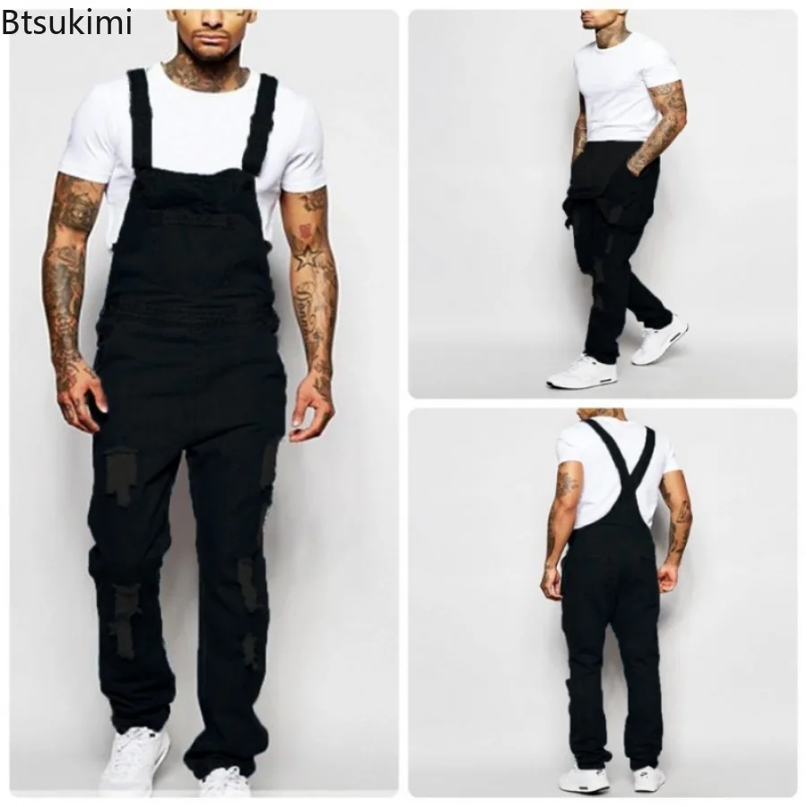 

2025 Men's Street Style Jumpsuits Fashion Multi Pocket Design Loose Casual Suspender Pants for Men Vintage Ripped Jeans Overalls