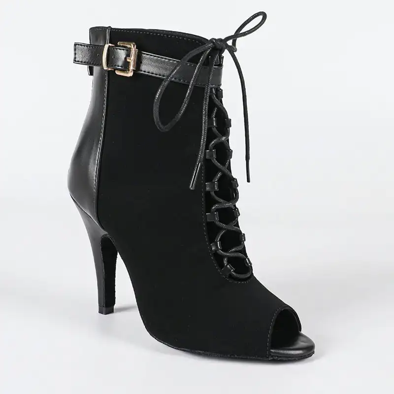 Evk Women Peep Toe Lace Up Ankle Dance Boots 8.5cm Stiletto Heels Hollow Cutout Latin Salsa Ballroom Tango Dancing Party Shoes