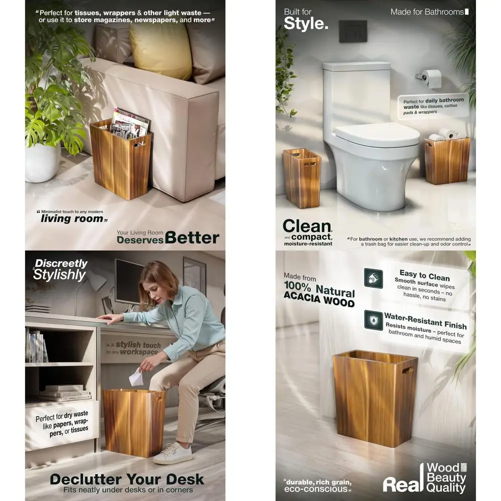 

Acacia Wood Rectangular Wastebasket - 2.6 Gallon Brown Decorative Trash Can with Handles for Home & Office
