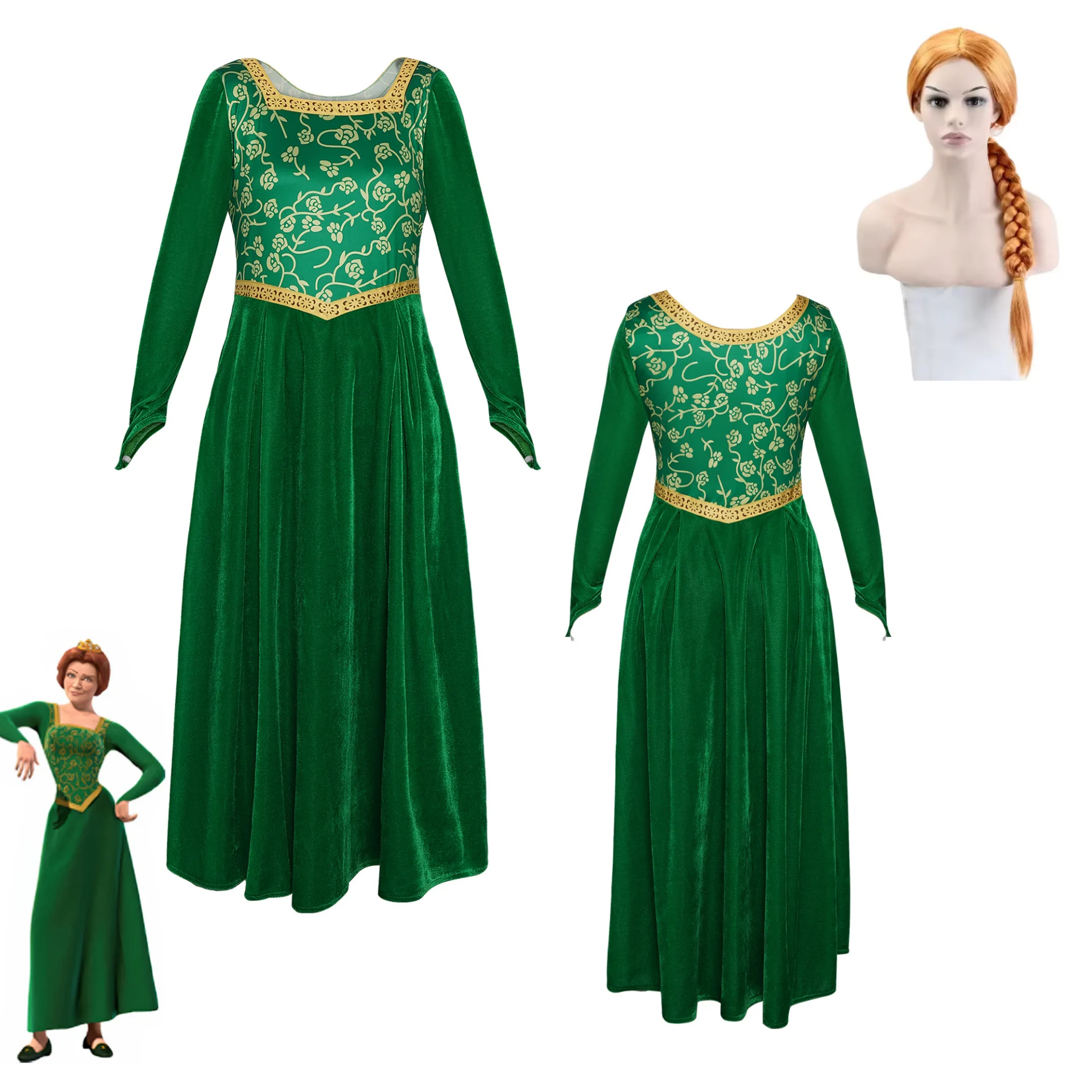 

Anime Shrek Green Princess Fiona Cosplay Costume Wig Velve Long Dress Carnival Halloween Party Role Play Clothes for Woman
