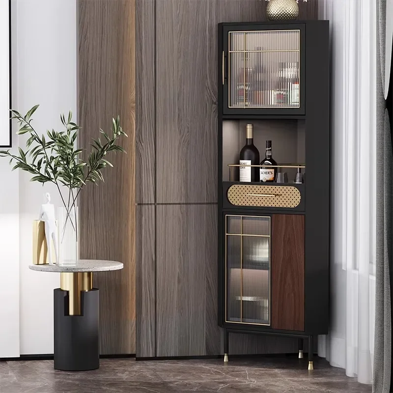 Italian Style Light Luxury Corner Wine Cabinet Solid Wood Glass Display Storage Unit for Living Room Triangle Shelf Organizer