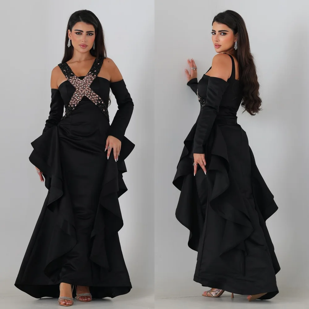 

Customized Fashion Matching Jersey Ruched Criss-Cross Rhinestone Beading Straight V-neck Long Dresses Bespoke Occasion Dresses