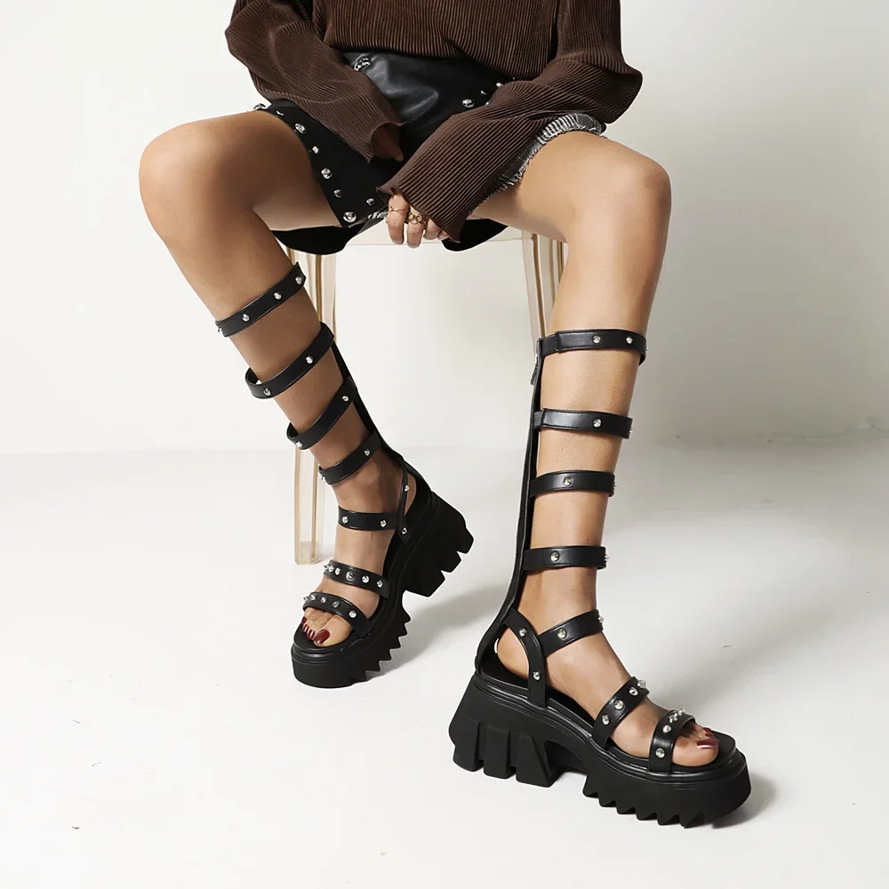 Summer Women Gladiator Sandals Gothic Buckle Black High Thick Heel Party Club Roman Lady Rivet Zipper Knee-high Platform Sandals