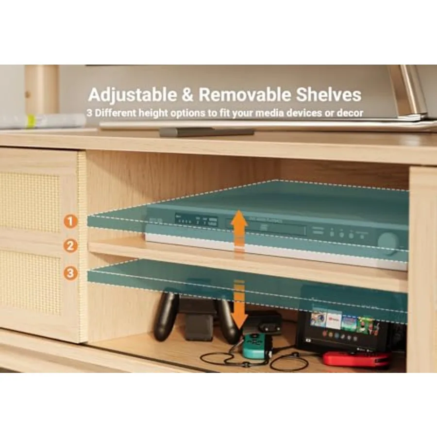 حامل تلفزيون بوهو لوحدة تحكم تلفزيون حديثة 70 بوصة مع 2 خزائن تخزين من الخيزران رف قابل للتعديل حامل تلفاز منسوج لغرفة المعيشة #3