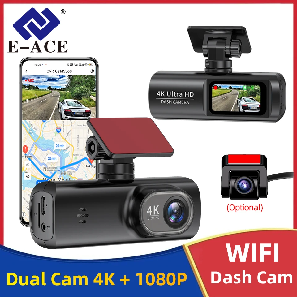 E-ACE Built-in WiFi 4K Dash Cam Front Rear Interior  Support 24H Parking Monitor GPS Car DVR Free APP Control Loop Recording