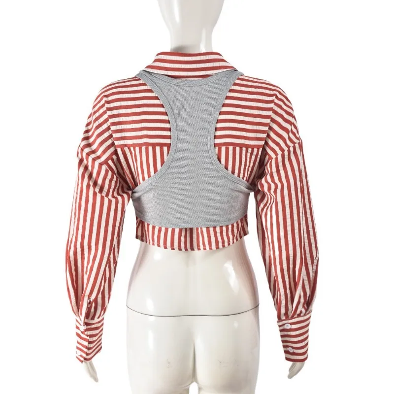 Trade Women's Lapel Autumn and Winter New Crop Stripes Simple Fashion Europe and The United States Two-piece Long-sleeved Shirt