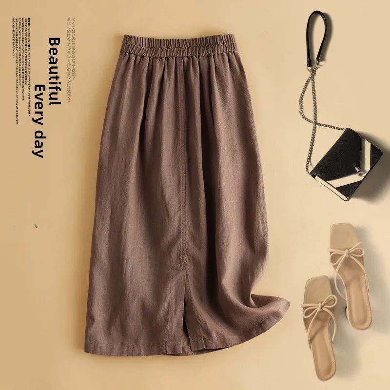 الصيف الكتان ألف خط ميدي تنورة المرأة فضفاضة التخسيس اللون تنوعا القطن الكتان f طول التنانير #5