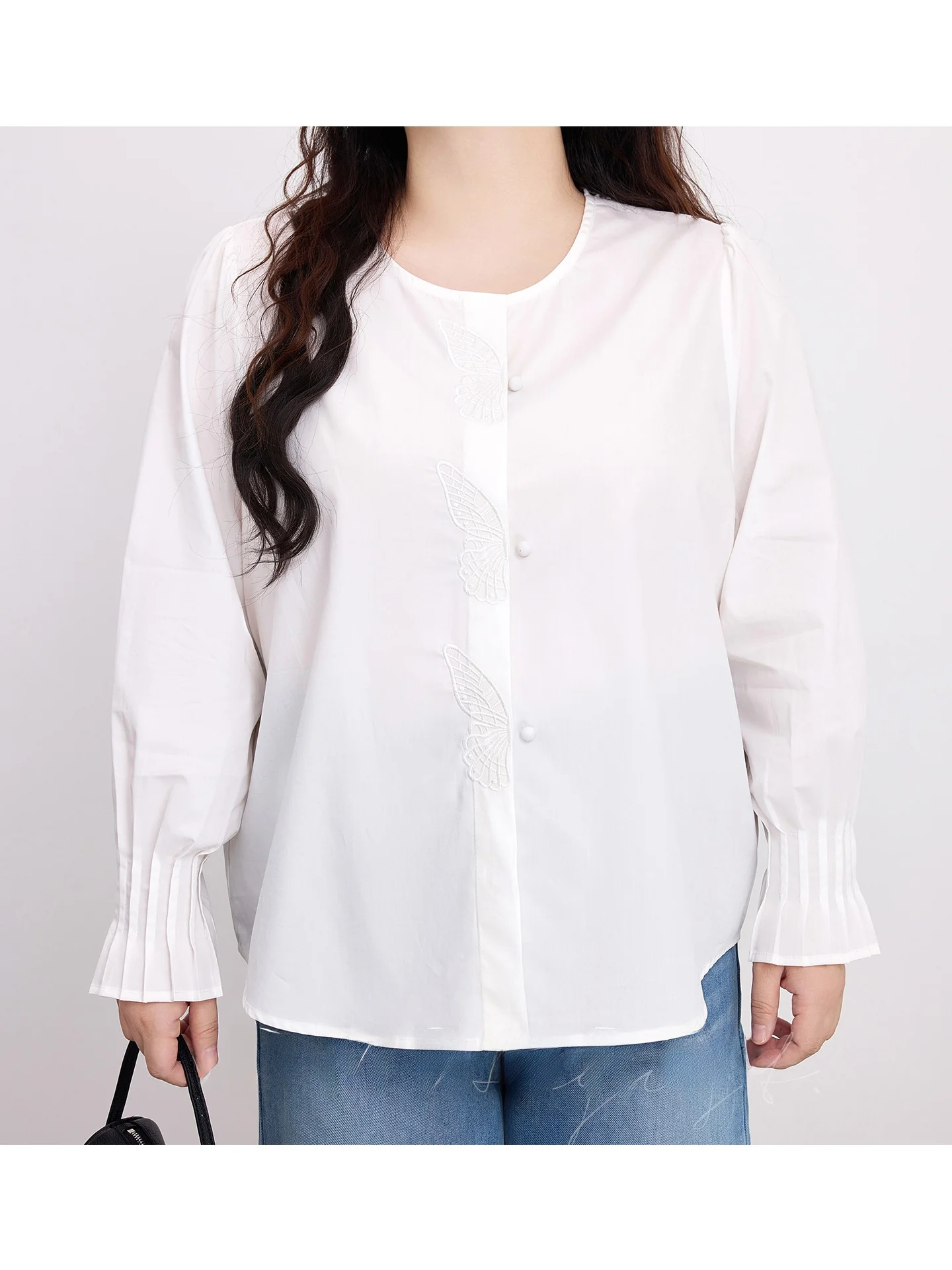 

Кружевной топ с вышивкой и узлами, свободного кроя, для полных женщин, весенний, повседневный, с длинным рукавом, круглым вырезом