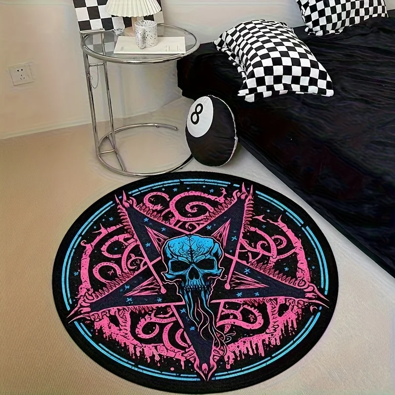 VIKAMA Gothic Skeleton Round Carpet Soft Non-Slip Bedroom Bedside Blanket e-Sports House Mat Halloween Home Decoration