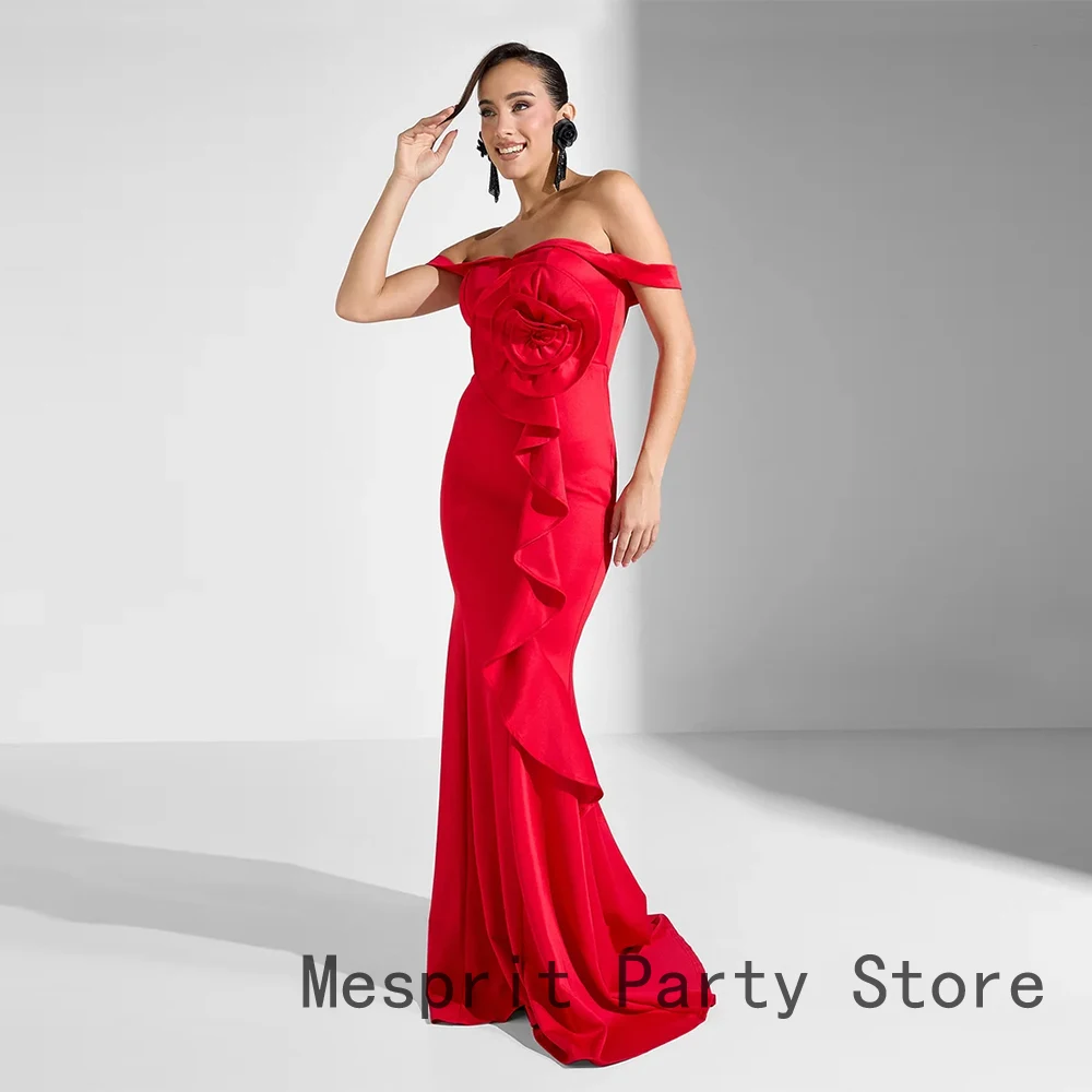 Czerwona suknia wieczorowa typu syrena, suknia balowa do ziemi, formalna suknia na przyjęcie, odkryte ramiona, bez rękawów, suknia saudyjska z kwiatami.