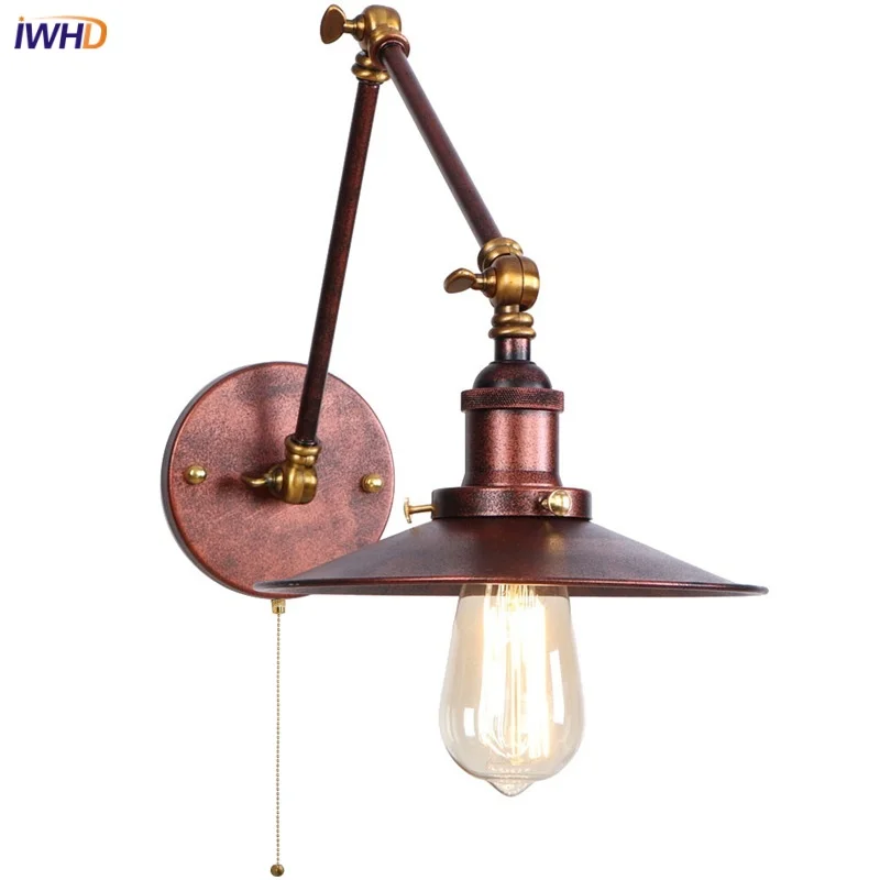 

IWHD Rustic Vintage LED Wall Lamps Pull Chain Switch Stair Light Fixtures Balcony Restaurant Bedroom Bedside Lamp Lampara Pared