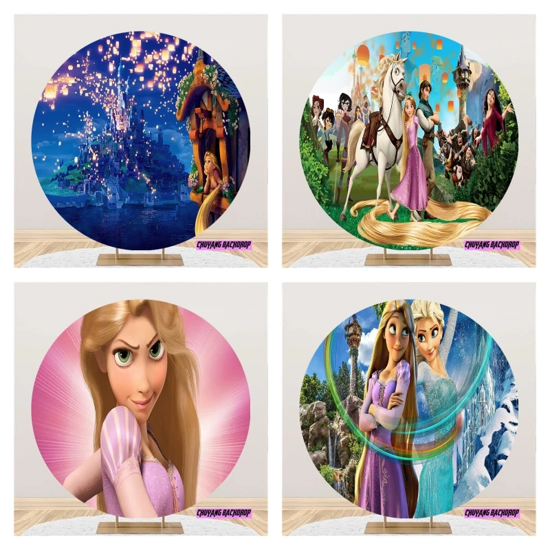 Circle Girl Happy Birthday Party Backdrop Cartoon Custom Tangled Rapunzel Princess Photo Round Background Photocall Prop Covers