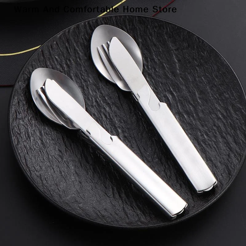 【W】4Pcs/Set Portable Stainless Steel Outdoor Camping Knife Fork Spoon Combo Cutlery Set Dinnerware Camping Cooking Flatware