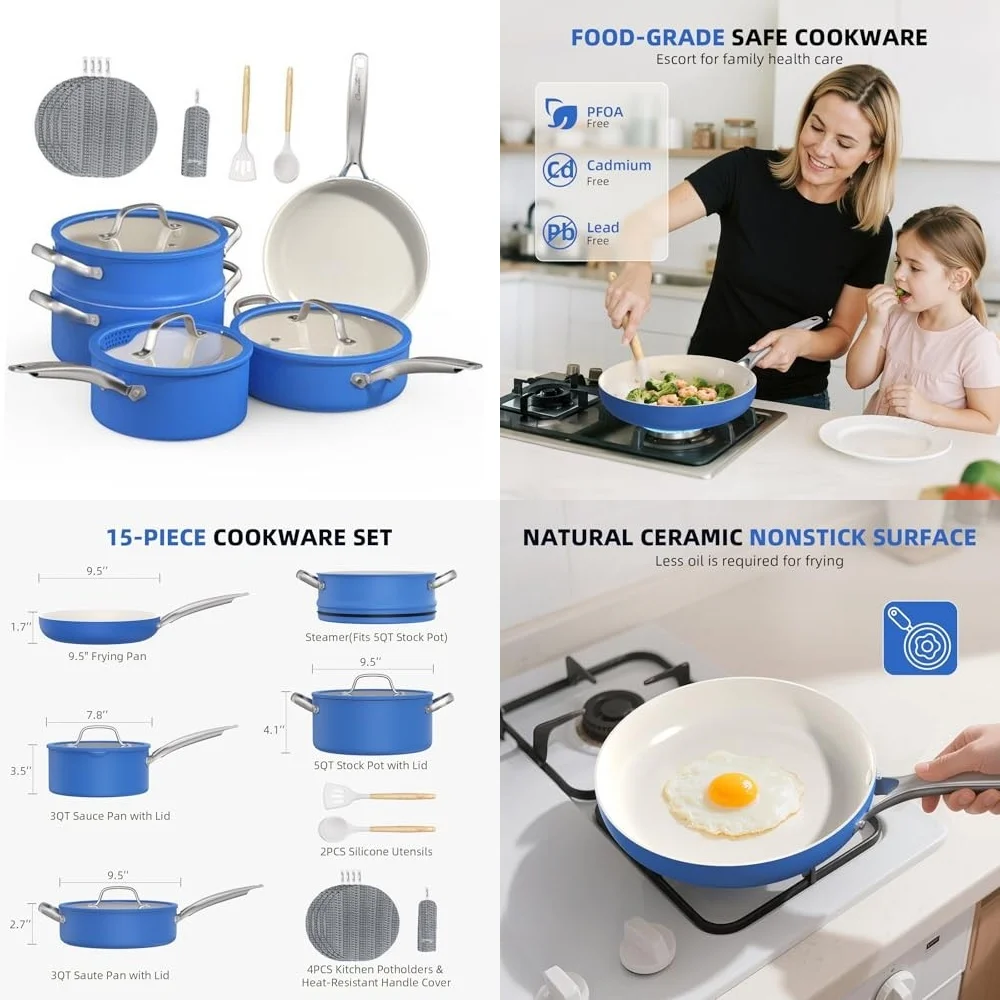 

Cookware Sets15 Pcs Non Stick Ceramic Cookware Set Cobalt Blue Pots and Pans