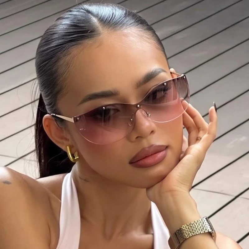 SGGOART Y2K Metal Cat Eye Sunglasses Women Fashion Rimless Pink Blue Gradient Shades UV400 Men Trending Outdoor Sun Glasses